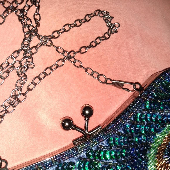 Peacock Feather 20s 30s Retro Sequin Clutch Purse Blue Green Bag Crossbody Chain - Picture 5 of 14